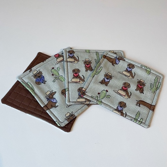 Handmade Quilted Western Cowboy Dachshund Quilted Coasters - Picture 1 of 5